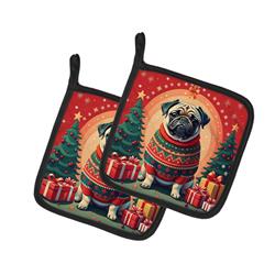 DAC1148PTHD 0.3 x 7.5 x 7.5 in. Fawn Pug Christmas Pair of Pot Holders