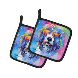 DAC2534PTHD 0.3 x 7.5 x 7.5 in. Old English Sheepdog Hippie Dawg Pot Holder, Set of 2
