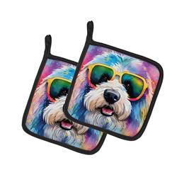 DAC2536PTHD 0.3 x 7.5 x 7.5 in. Old English Sheepdog Hippie Dawg Pot Holder, Set of 2