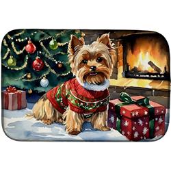 14 x 21 x 0.2 in. Polyester & Polyurethane Yorkshire Terrier Cozy Christmas Rectangular Dish Drying Mat