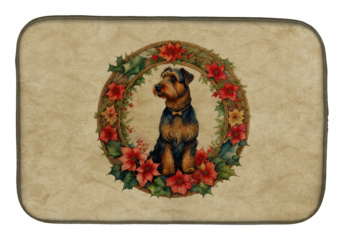 21 x 14 in. Unisex Airedale Terrier Christmas Flowers Dish Drying Mat