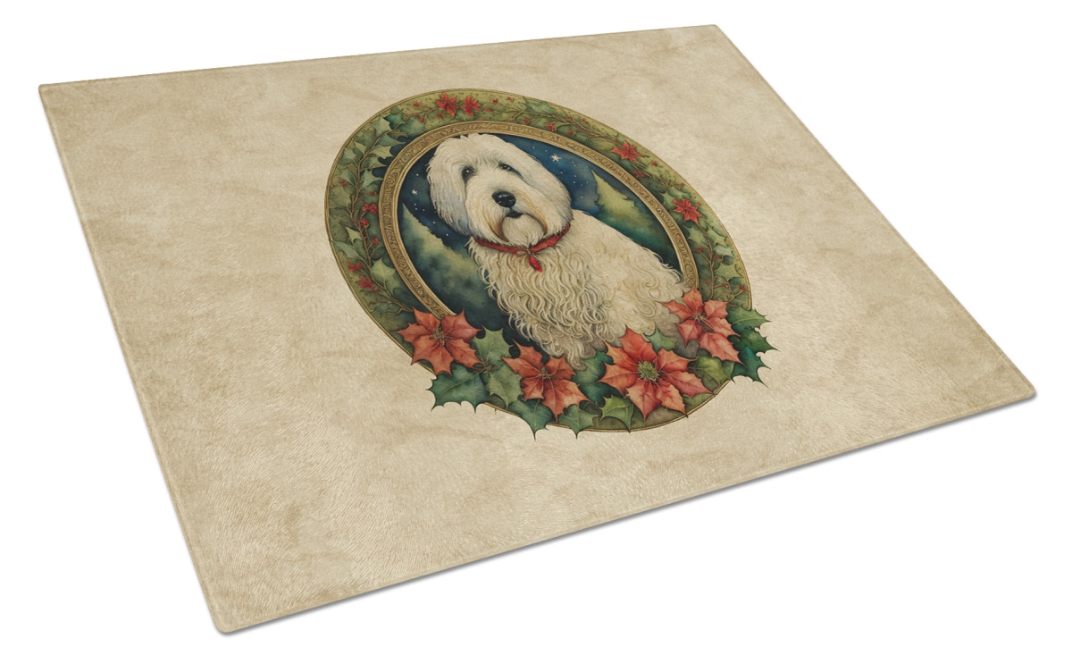 DAC2401LCB 15 x 12 in. Unisex Old English Sheepdog Christmas Flowers Glass Cutting Board