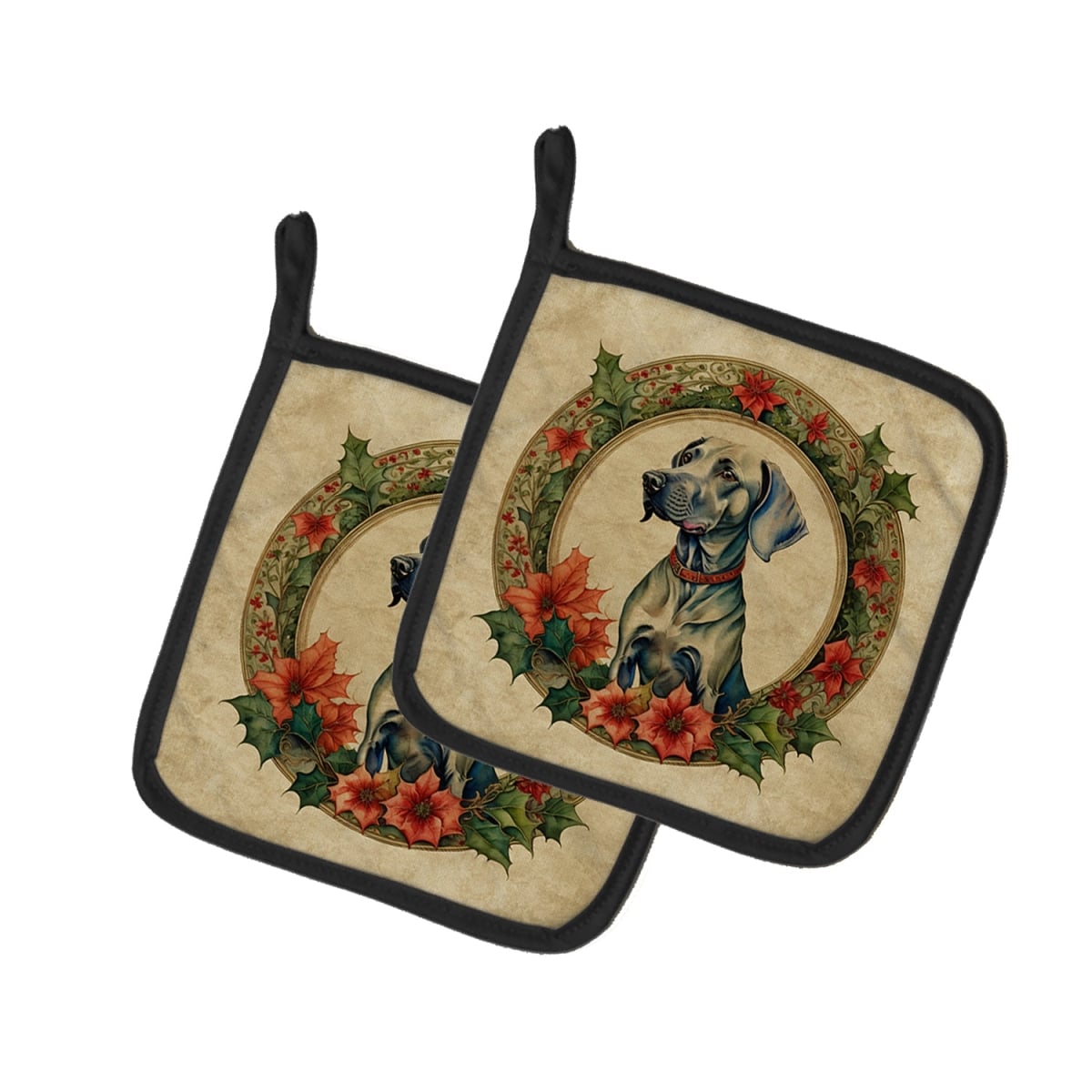 DAC2441PTHD 7.5 x 7.5 in. Unisex Weimaraner Christmas Flowers Pair of Pot Holders