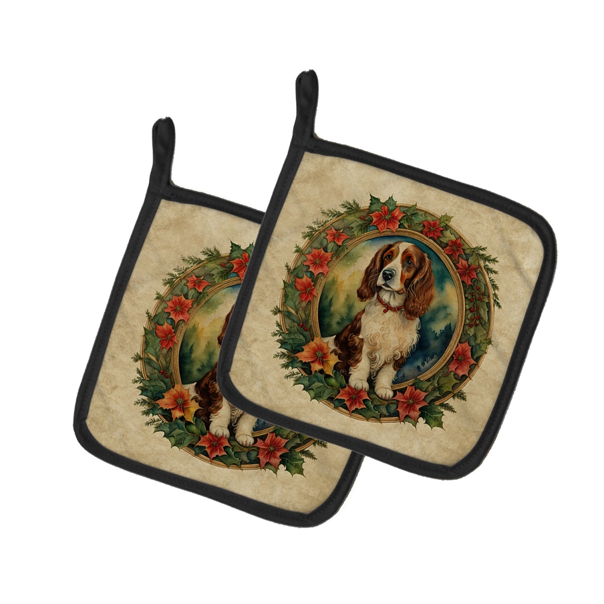 DAC2442PTHD 7.5 x 7.5 in. Unisex Welsh Springer Spaniel Christmas Flowers Pair of Pot Holders