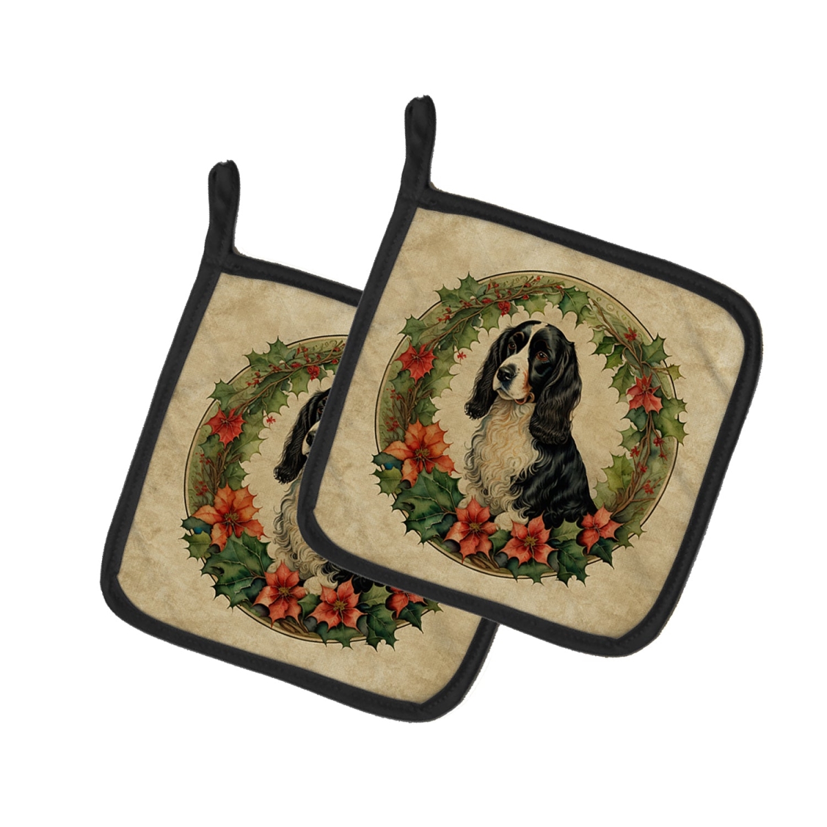 DAC2443PTHD 7.5 x 7.5 in. Unisex Welsh Springer Spaniel Christmas Flowers Pair of Pot Holders