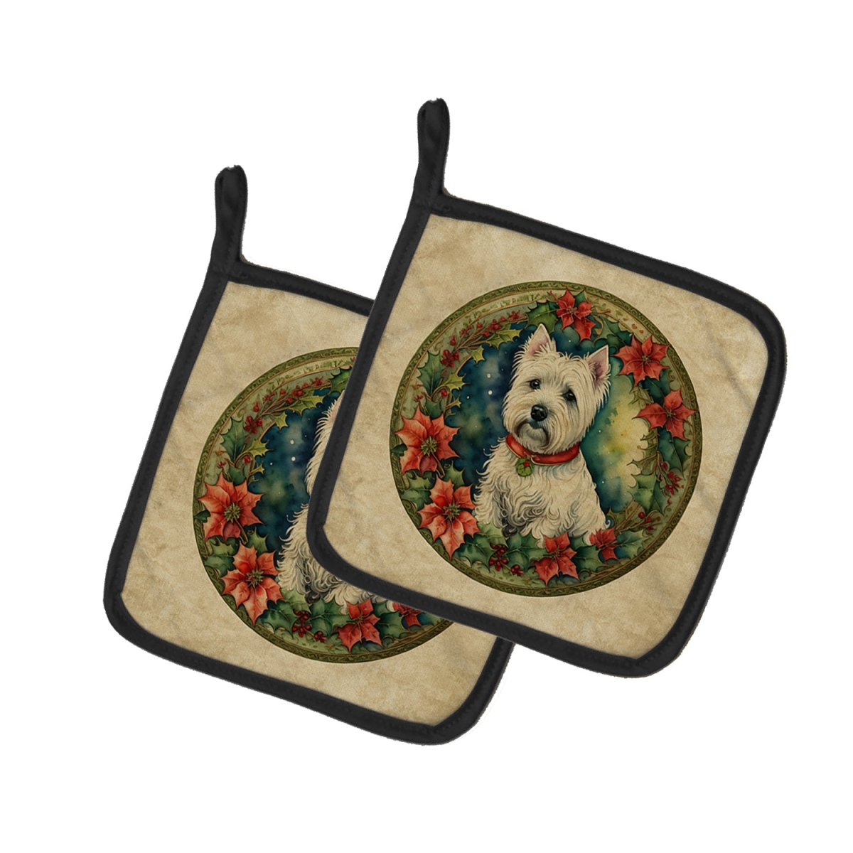 DAC2445PTHD 7.5 x 7.5 in. Unisex Westie Christmas Flowers Pair of Pot Holders