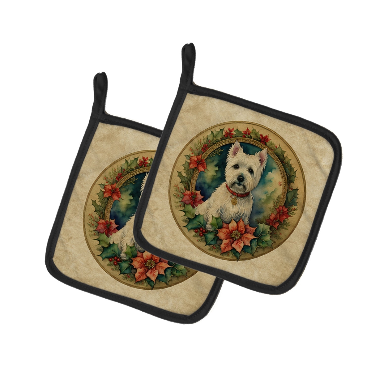 DAC2446PTHD 7.5 x 7.5 in. Unisex Westie Christmas Flowers Pair of Pot Holders