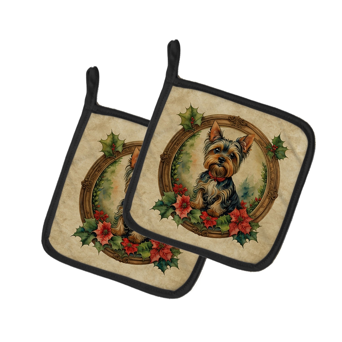 DAC2447PTHD 7.5 x 7.5 in. Unisex Yorkie Christmas Flowers Pair of Pot Holders