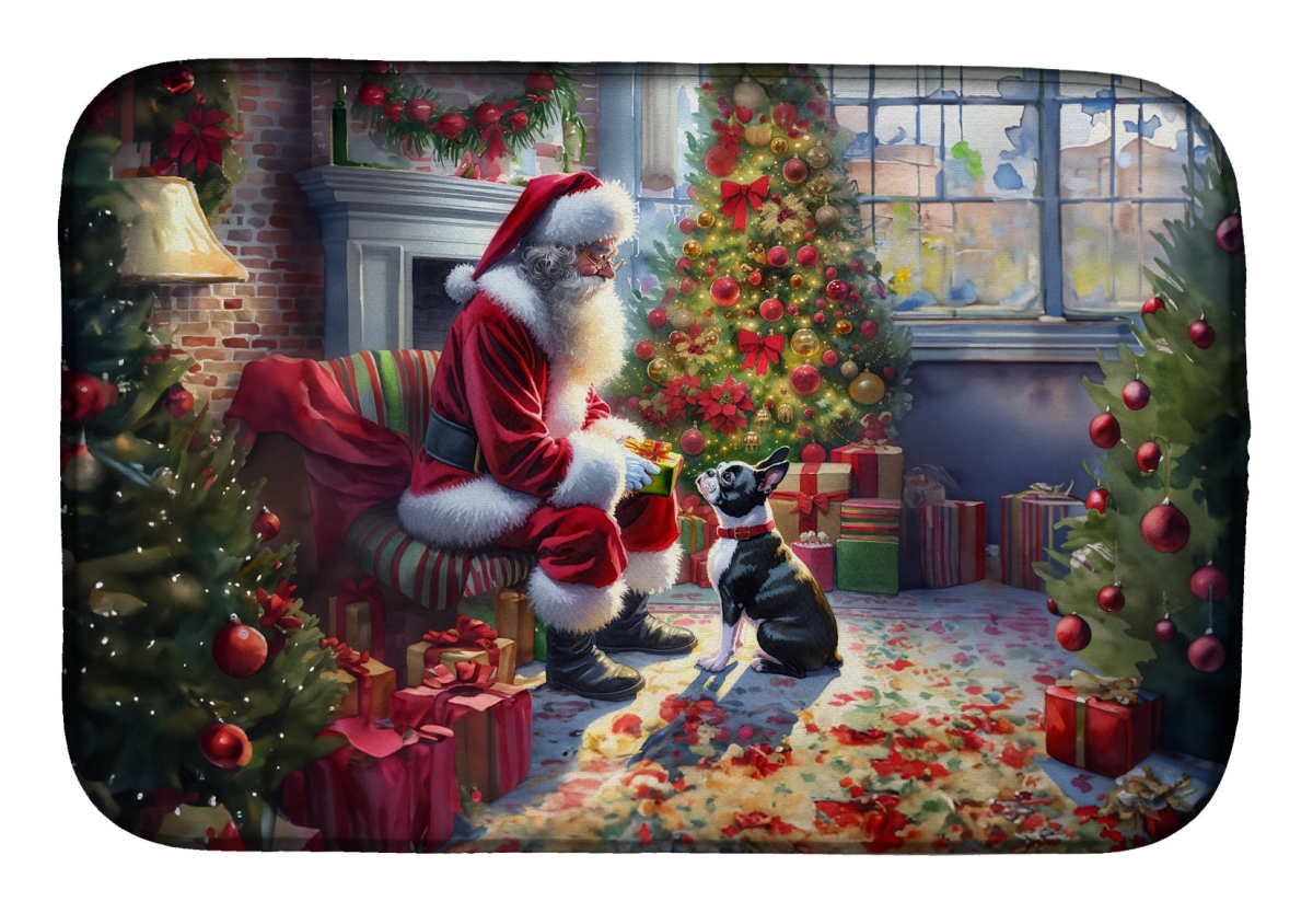 21 x 14 in. Unisex Boston Terrier & Santa Claus Dish Drying Mat