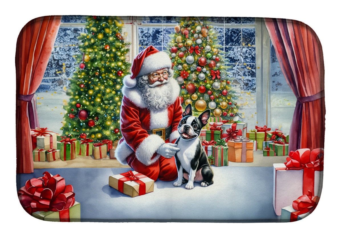 21 x 14 in. Unisex Boston Terrier & Santa Claus Dish Drying Mat