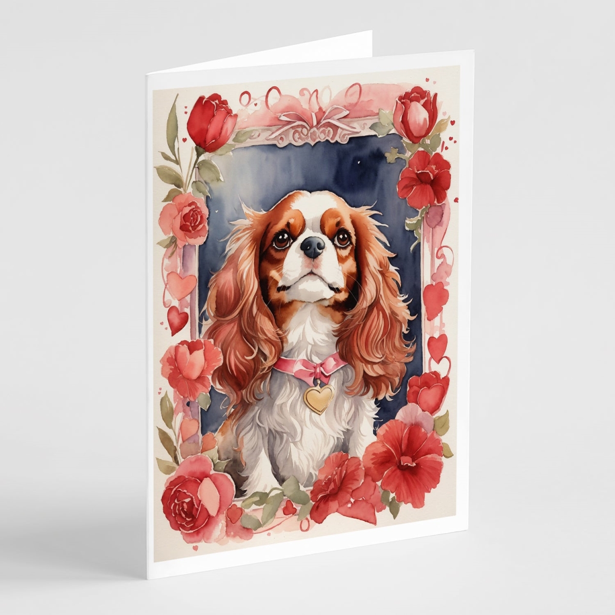 DAC4398GCA7P 5 x 7 in. Unisex Cavalier Spaniel Valentine Roses Greeting Cards - Pack of 8
