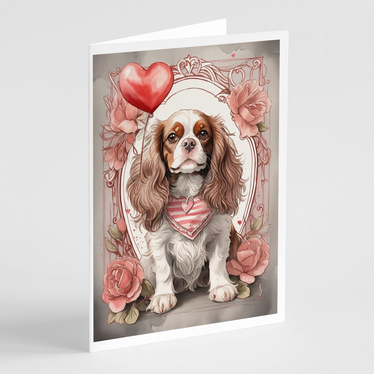 DAC4399GCA7P 5 x 7 in. Unisex Cavalier Spaniel Valentine Roses Greeting Cards - Pack of 8