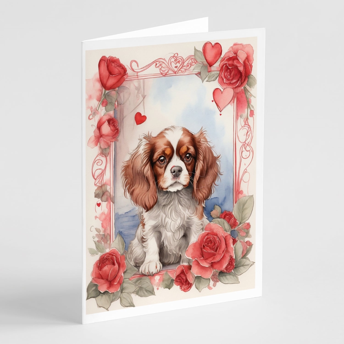 DAC4400GCA7P 5 x 7 in. Unisex Cavalier Spaniel Valentine Roses Greeting Cards - Pack of 8