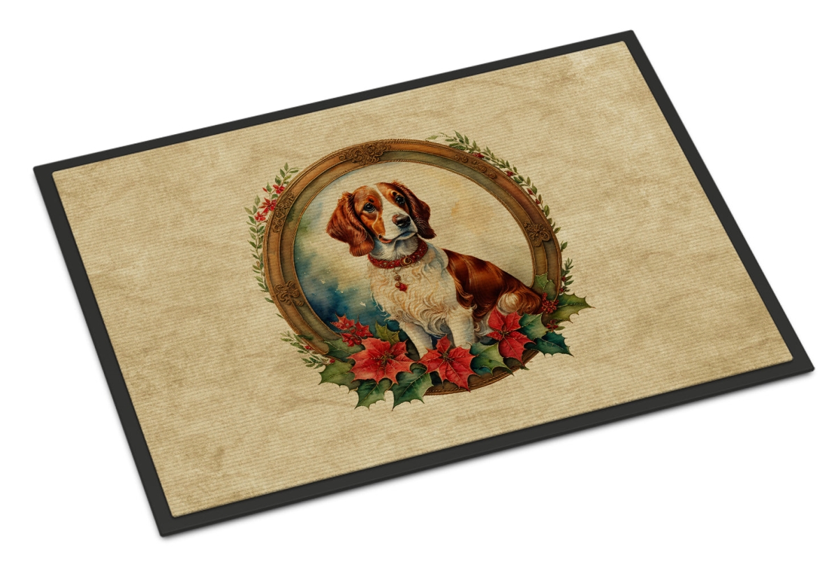 24 x 36 in. Unisex Brittany Spaniel Christmas Flowers Doormat