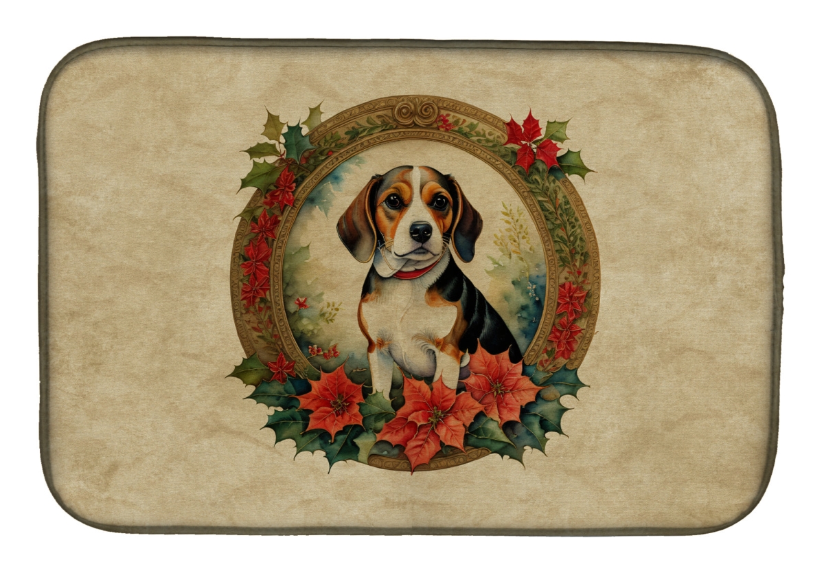 21 x 14 in. Unisex Beagle Christmas Flowers Dish Drying Mat