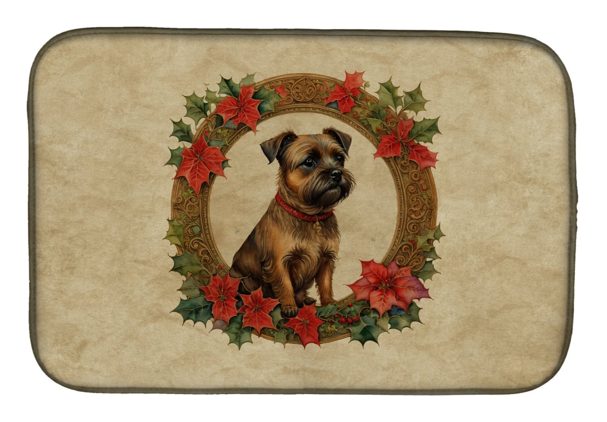 21 x 14 in. Unisex Border Terrier Christmas Flowers Dish Drying Mat