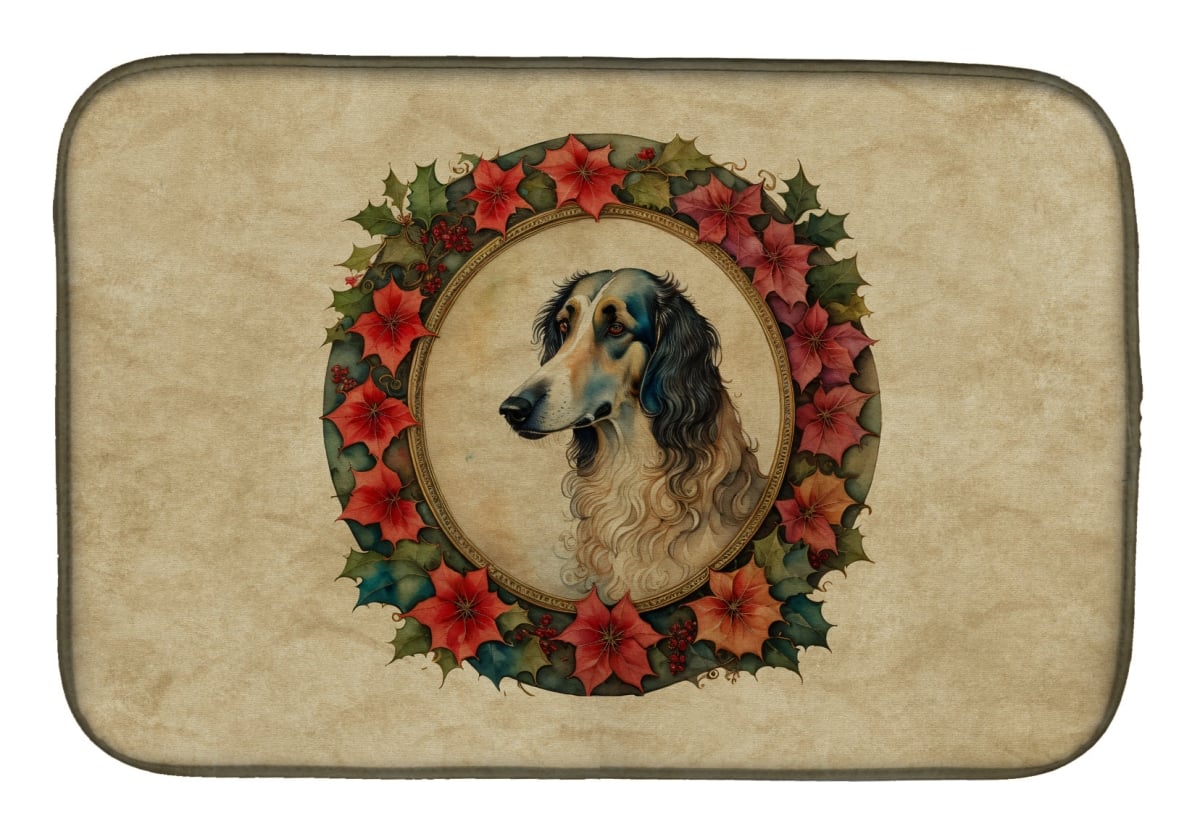 21 x 14 in. Unisex Borzoi Christmas Flowers Dish Drying Mat