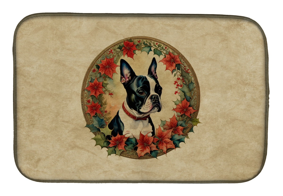 21 x 14 in. Unisex Boston Terrier Christmas Flowers Dish Drying Mat