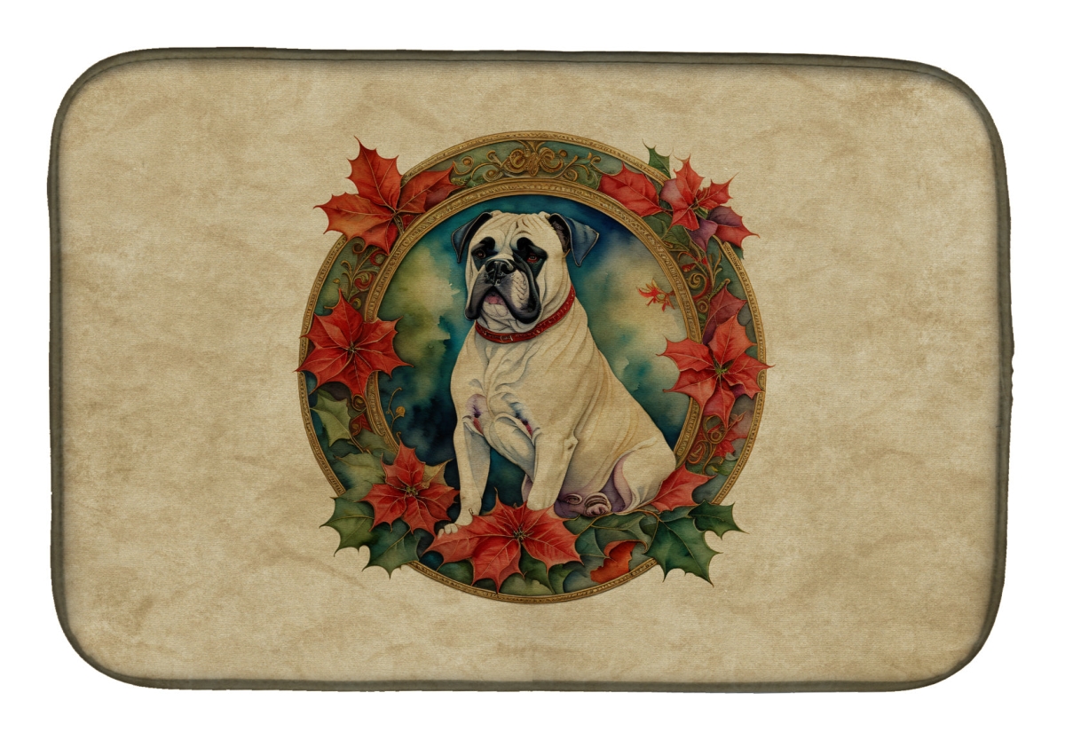21 x 14 in. Unisex White Boxer Christmas Flowers Dish Drying Mat