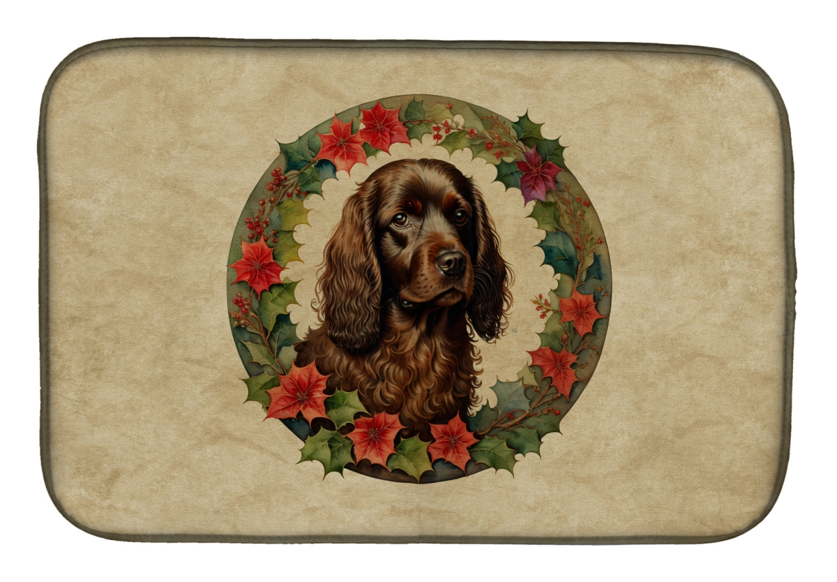 21 x 14 in. Unisex Boykin Spaniel Christmas Flowers Dish Drying Mat