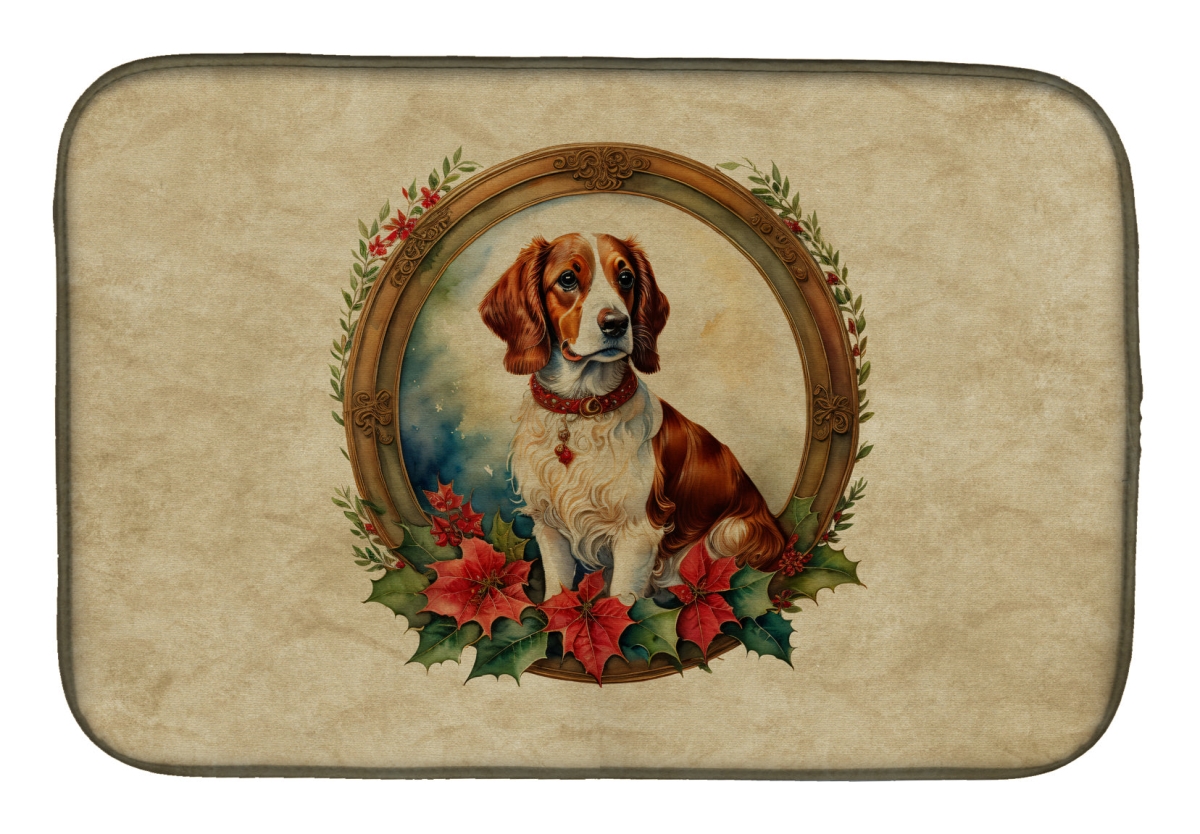 21 x 14 in. Unisex Brittany Spaniel Christmas Flowers Dish Drying Mat