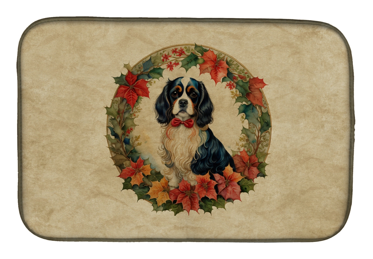 21 x 14 in. Unisex Cavalier Spaniel Christmas Flowers Dish Drying Mat