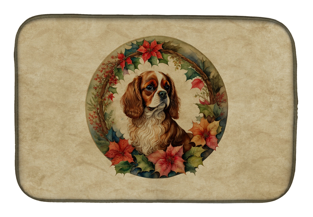 21 x 14 in. Unisex Cavalier Spaniel Christmas Flowers Dish Drying Mat