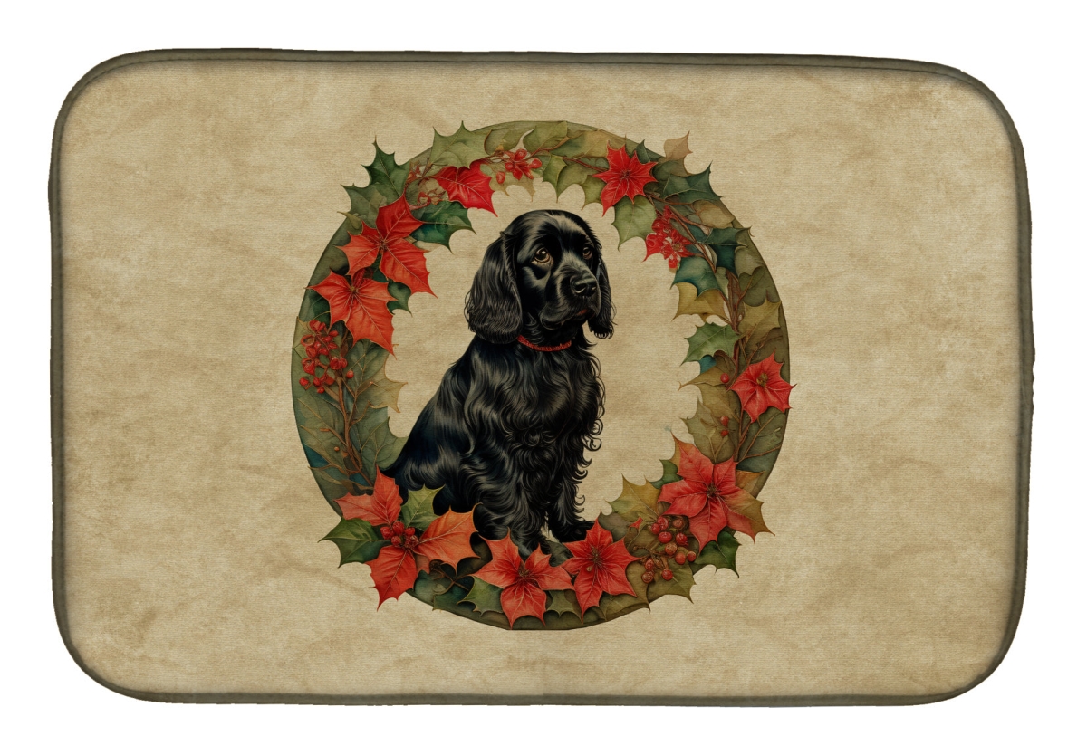 21 x 14 in. Unisex Cocker Spaniel Christmas Flowers Dish Drying Mat
