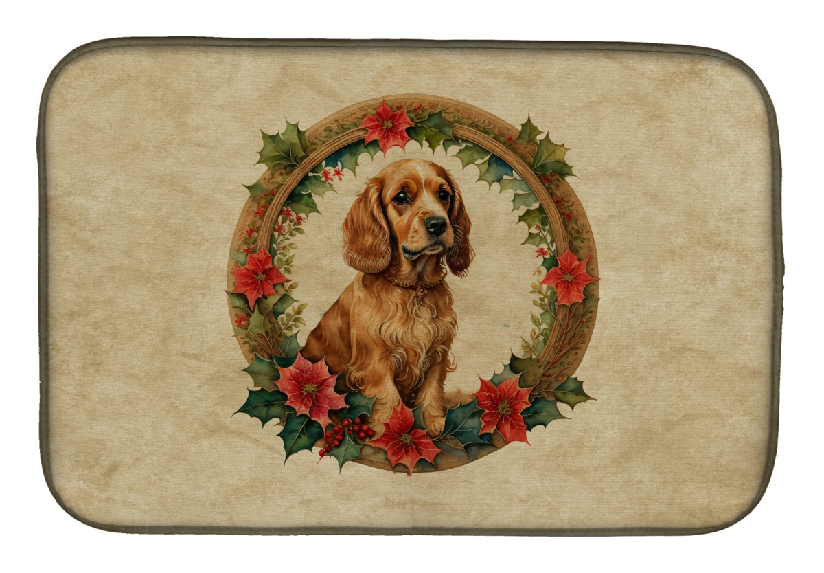 21 x 14 in. Unisex Cocker Spaniel Christmas Flowers Dish Drying Mat