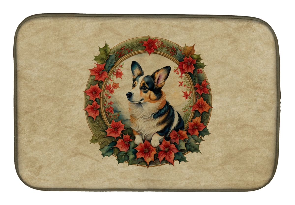DAC2348DDM 21 x 14 in.  Corgi Christmas Flowers Dish Drying Mat