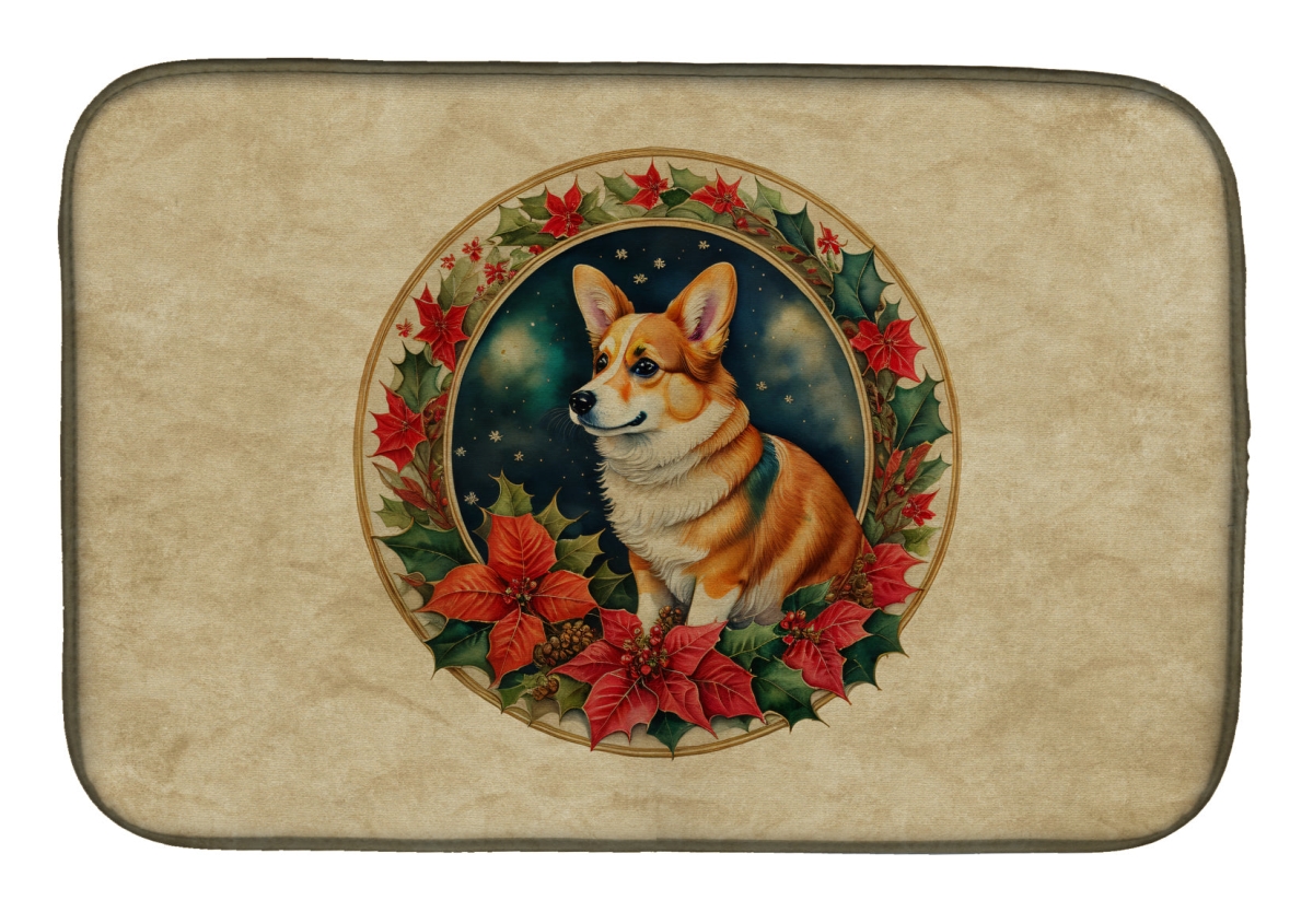 DAC2349DDM 21 x 14 in.  Corgi Christmas Flowers Dish Drying Mat
