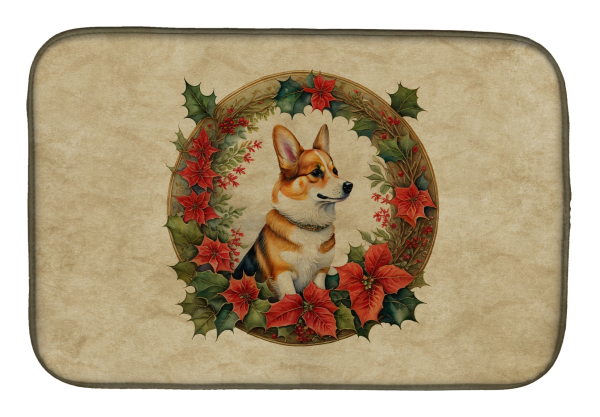 DAC2350DDM 21 x 14 in.  Corgi Christmas Flowers Dish Drying Mat
