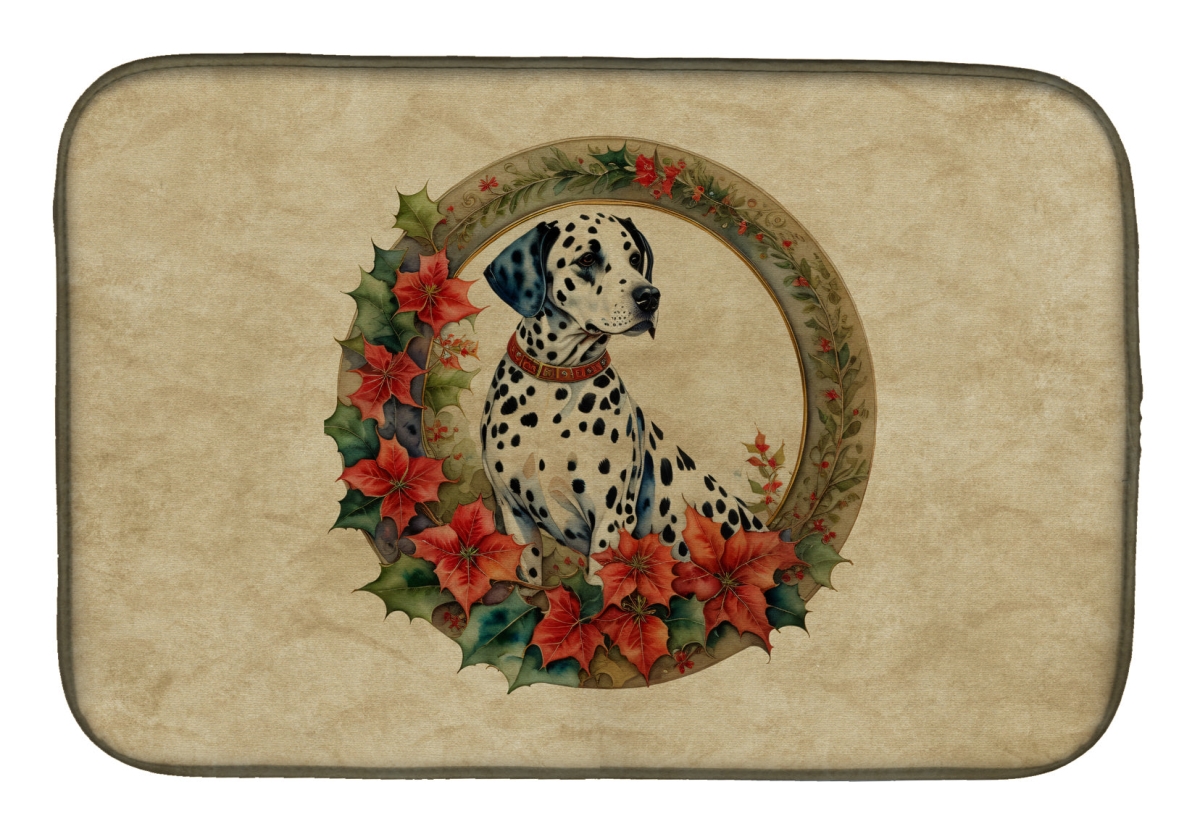 21 x 14 in. Unisex Dalmatian Christmas Flowers Dish Drying Mat