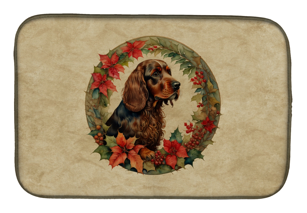21 x 14 in. Unisex Field Spaniel Christmas Flowers Dish Drying Mat