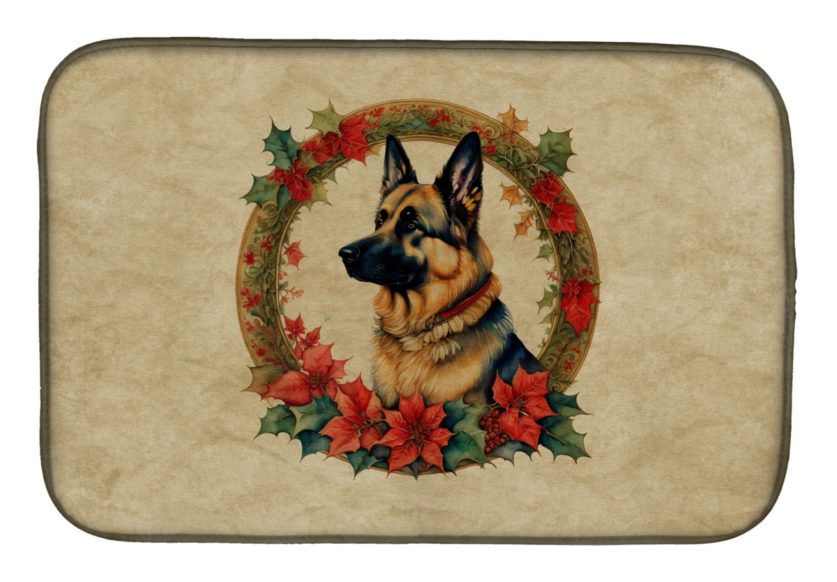 21 x 14 in. Unisex German Shepherd Christmas Flowers Dish Drying Mat