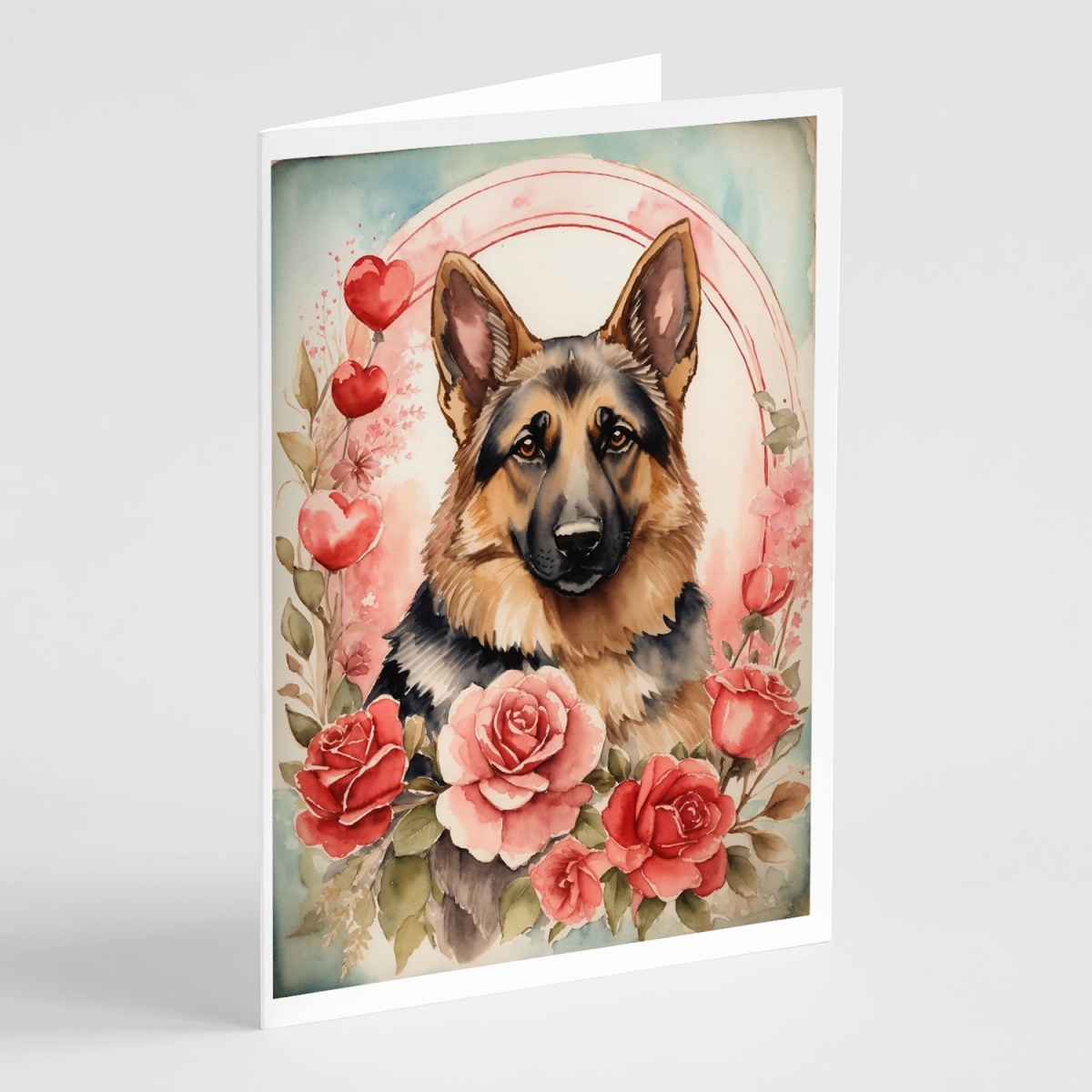 DAC4447GCA7P 5 x 7 in. Unisex German Shepherd Valentine Roses Greeting Cards - Pack of 8