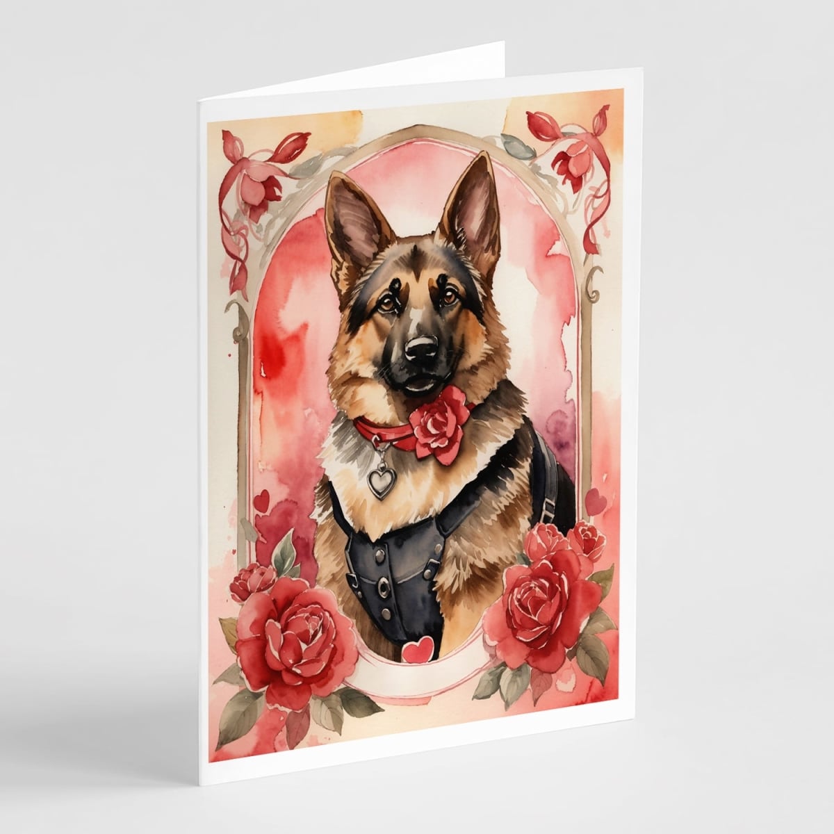 DAC4448GCA7P 5 x 7 in. Unisex German Shepherd Valentine Roses Greeting Cards - Pack of 8
