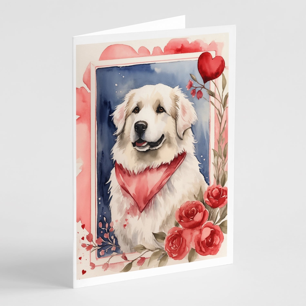 DAC4460GCA7P 5 x 7 in. Unisex Great Pyrenees Valentine Roses Greeting Cards - Pack of 8