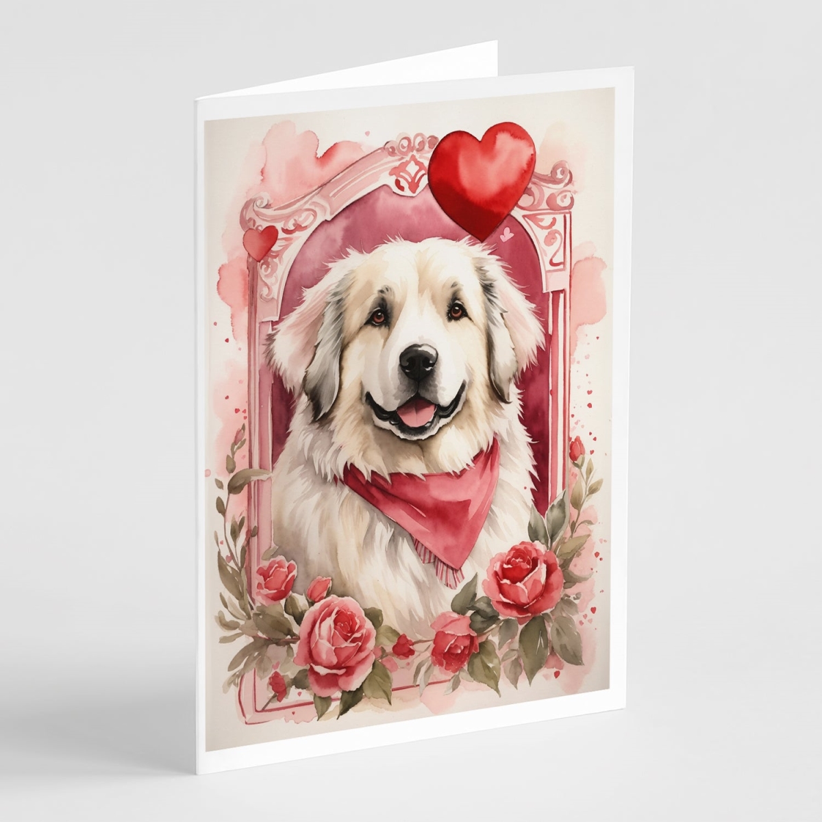 DAC4461GCA7P 5 x 7 in. Unisex Great Pyrenees Valentine Roses Greeting Cards - Pack of 8