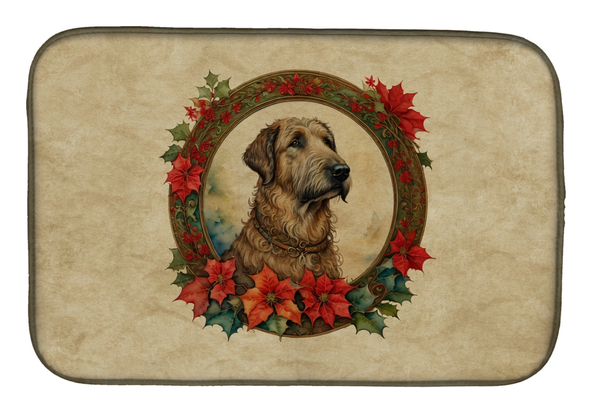 21 x 14 in. Unisex Irish Wolfhound Christmas Flowers Dish Drying Mat