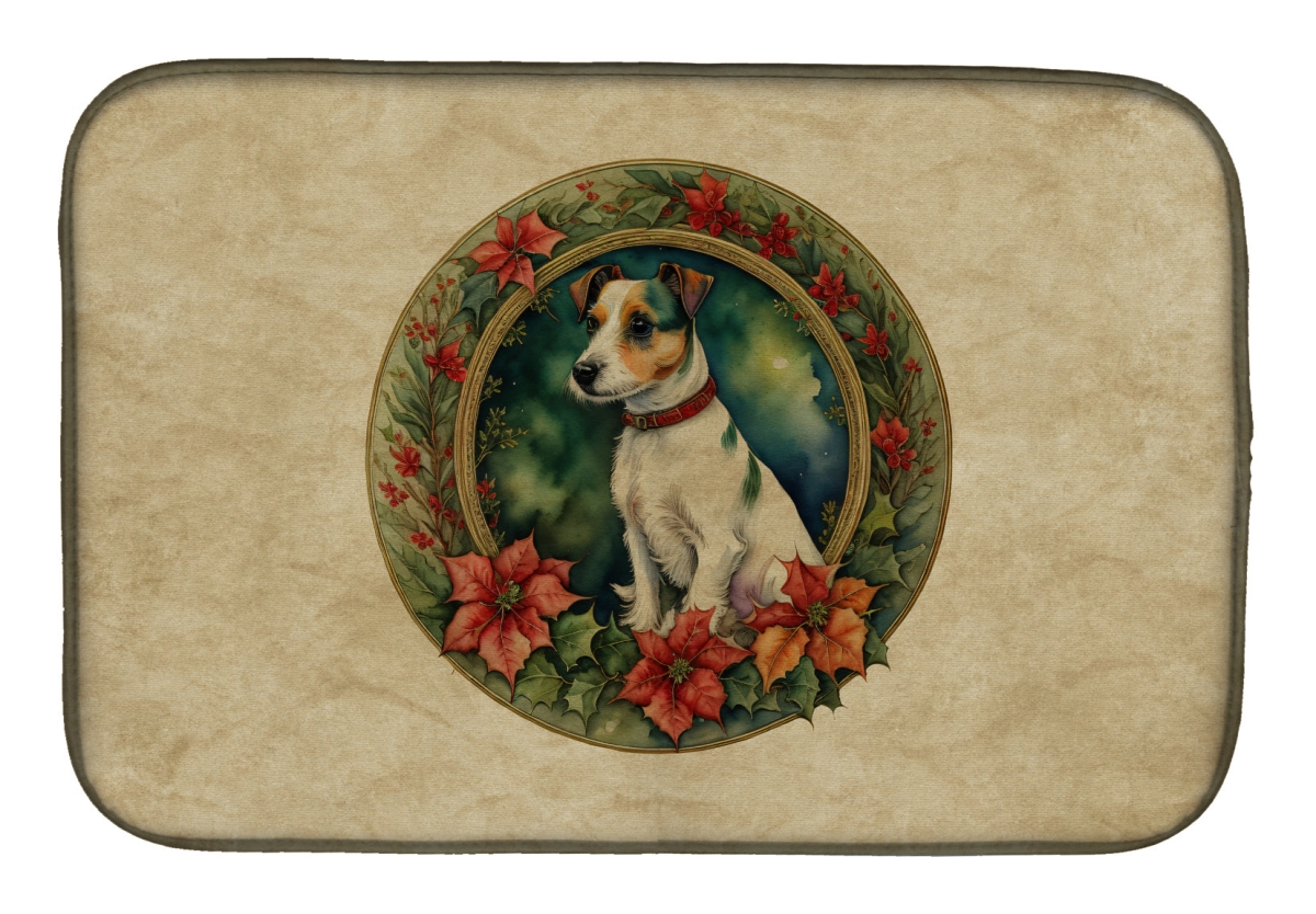 21 x 14 in. Unisex Jack Russell Terrier Christmas Flowers Dish Drying Mat