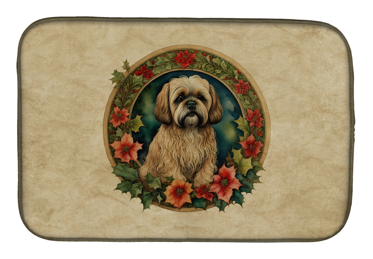 21 x 14 in. Unisex Lhasa Apso Christmas Flowers Dish Drying Mat
