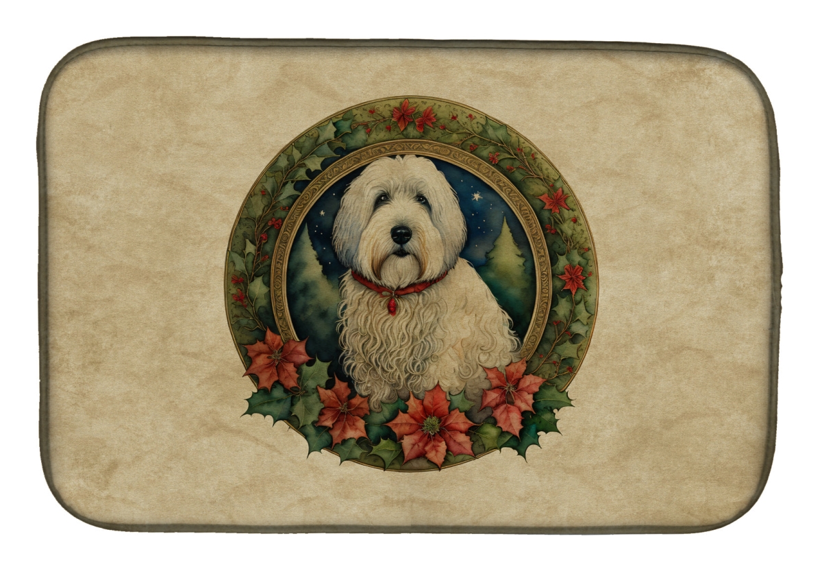 21 x 14 in. Unisex Old English Sheepdog Christmas Flowers Dish Drying Mat
