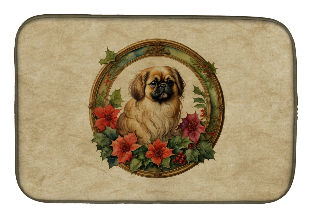 DAC2404DDM 21 x 14 in.  Pekingese Christmas Flowers Dish Drying Mat