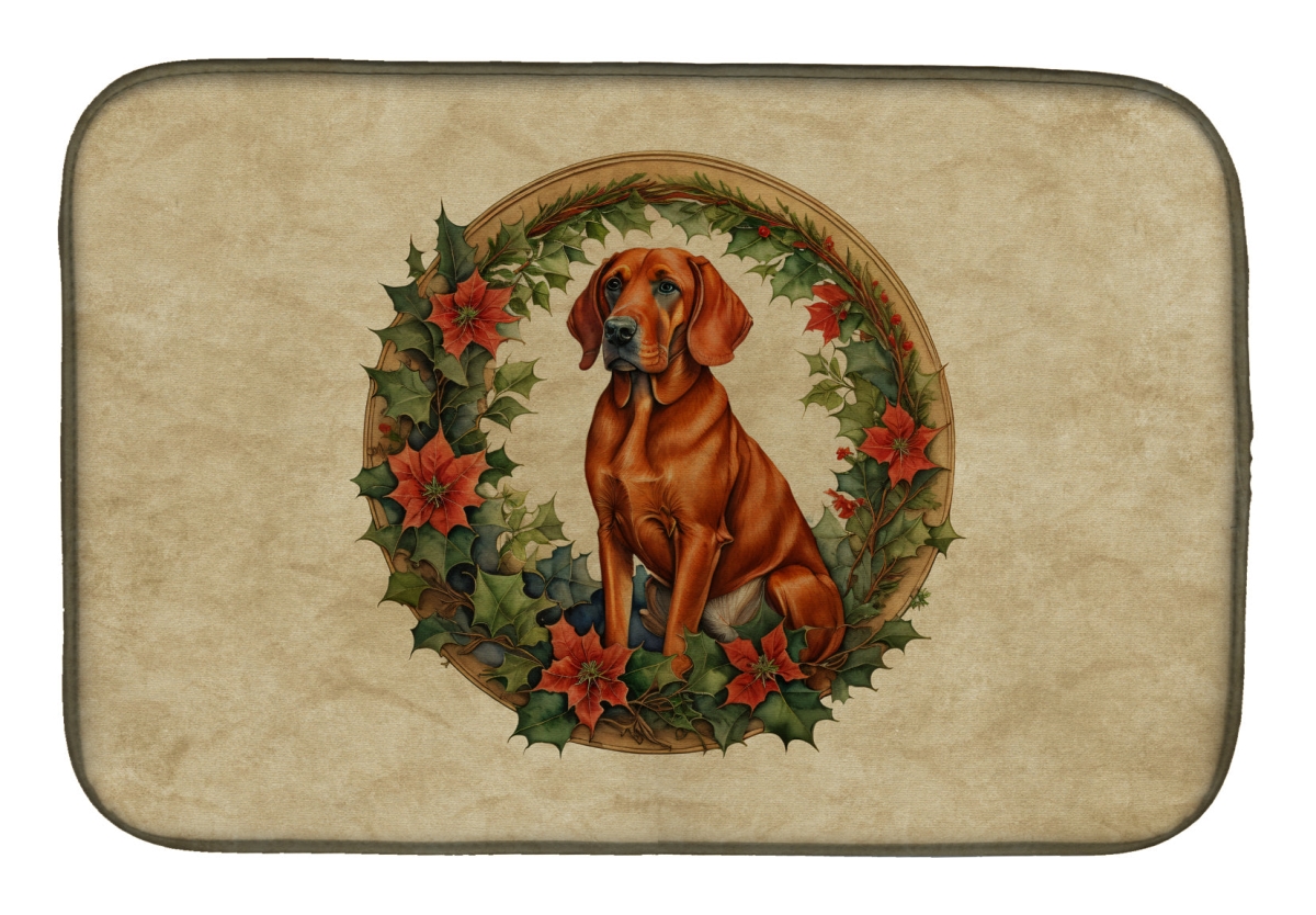 21 x 14 in. Unisex Red Redbone Coonhound Christmas Flowers Dish Drying Mat