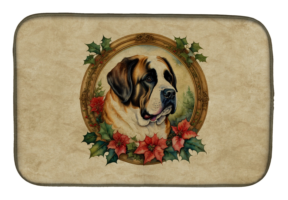 21 x 14 in. Unisex Saint Bernard Christmas Flowers Dish Drying Mat