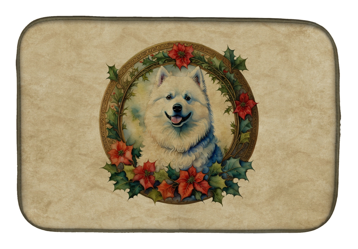 21 x 14 in. Unisex Samoyed Christmas Flowers Dish Drying Mat
