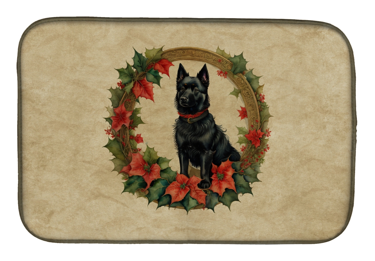 21 x 14 in. Unisex Schipperke Christmas Flowers Dish Drying Mat