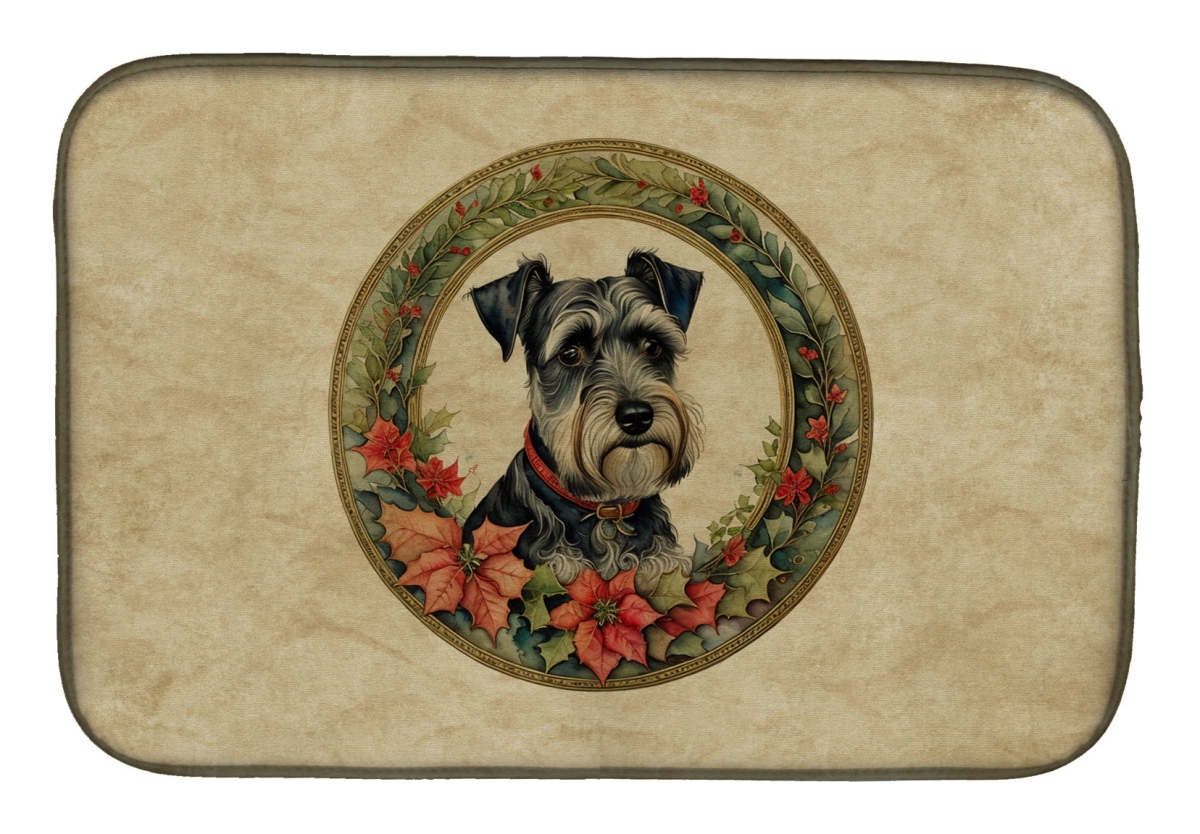 21 x 14 in. Unisex Schnauzer Christmas Flowers Dish Drying Mat