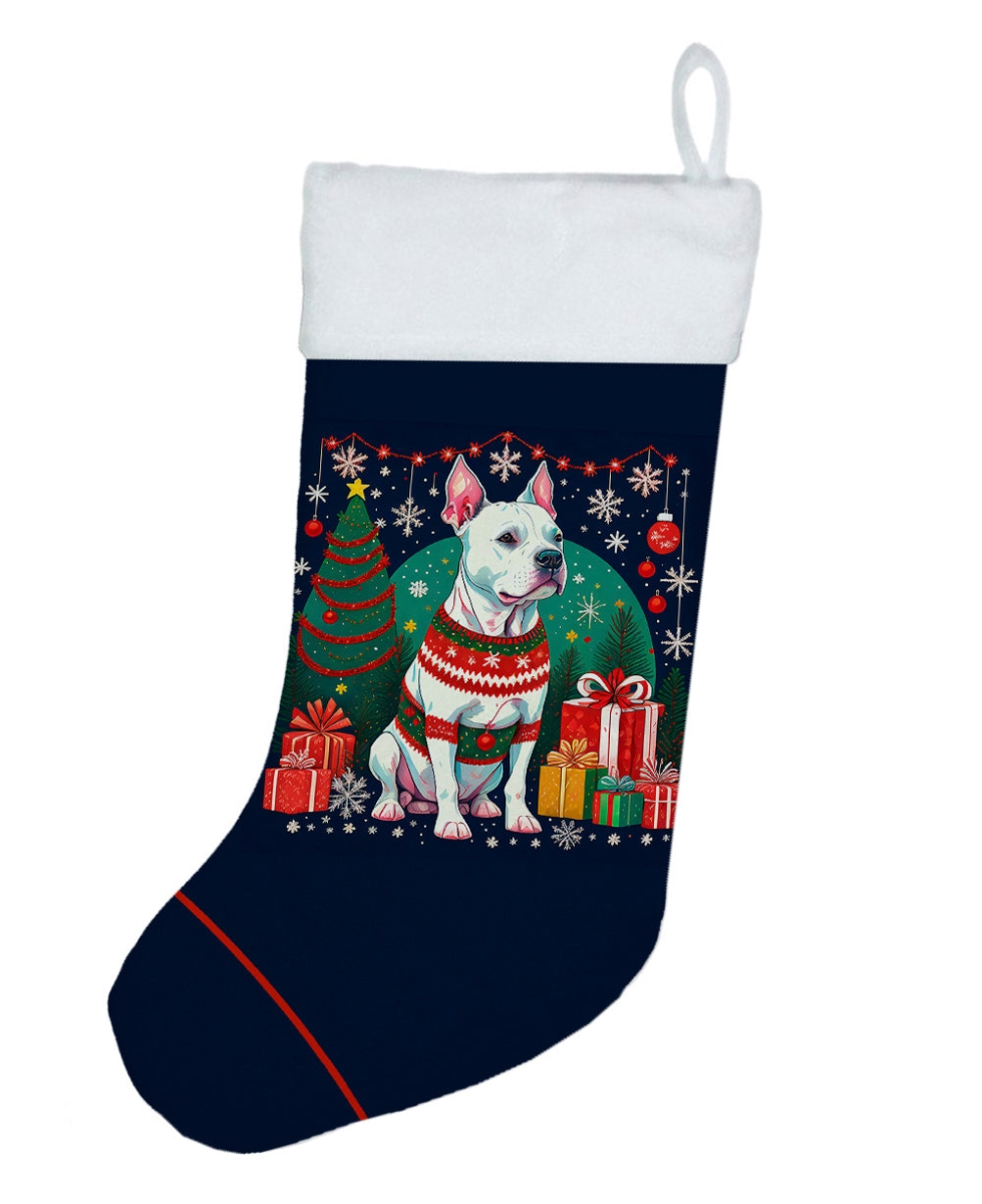 18 x 13.5 in. Unisex White Pit Bull Terrier Polyester Christmas Stocking